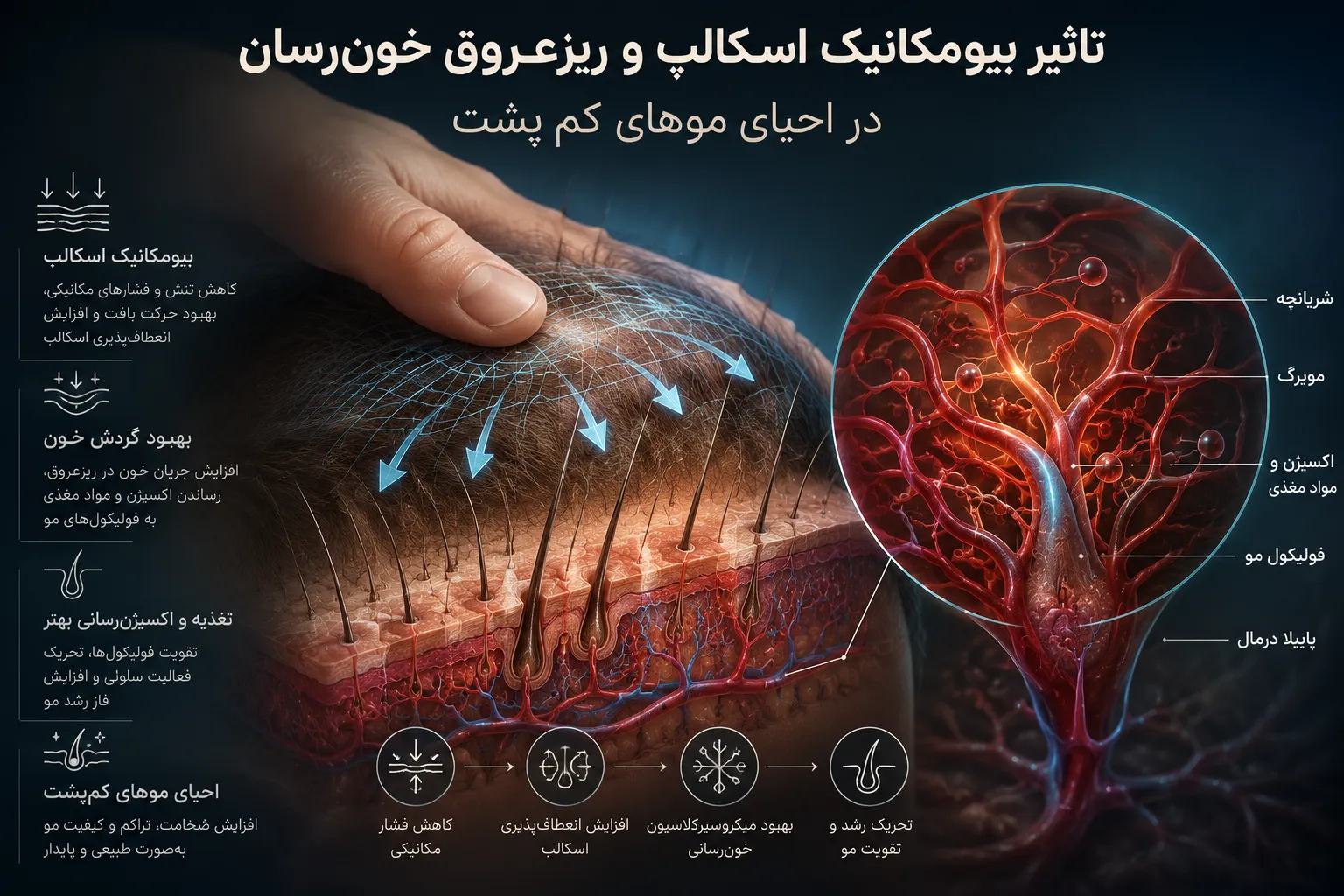تاثیر بیومکانیک اسکالپ و ریزعروق خونرسان در احیای موهای کمپشت