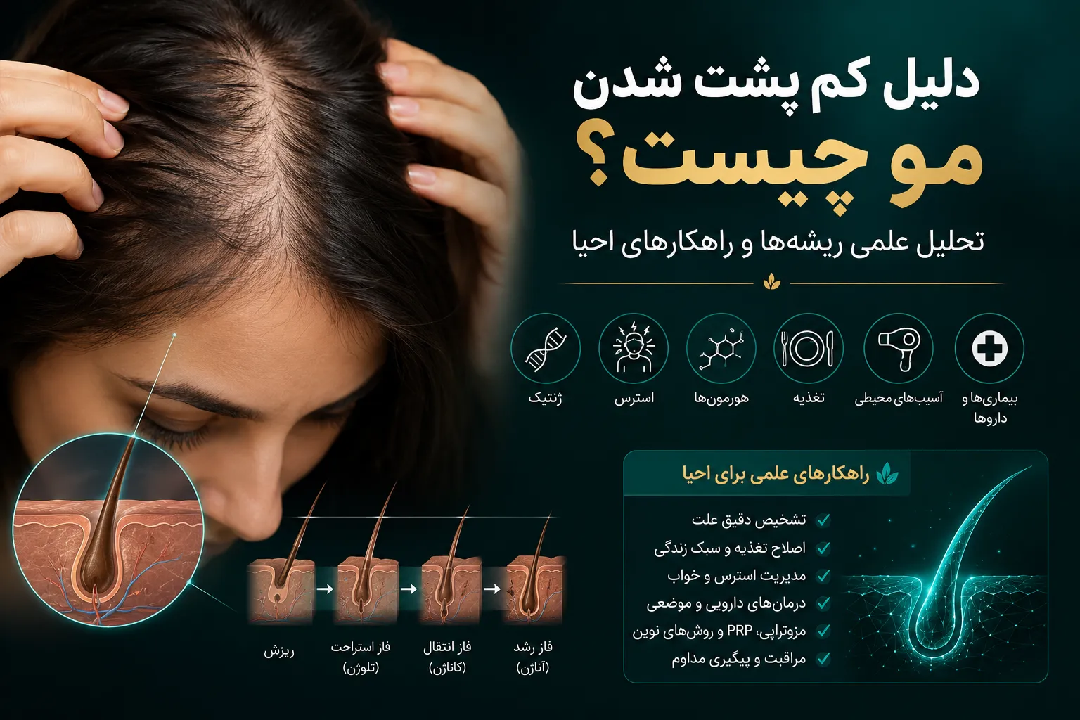 دلیل کم پشت شدن مو چیست؟ تحلیل علمی ریشه‌ها و راهکارهای احیا