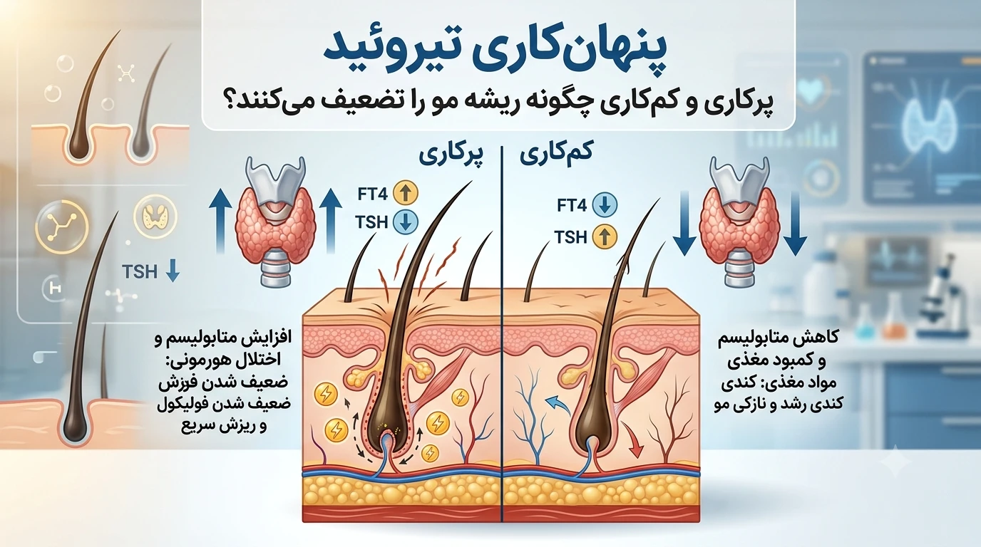 پنهانکاری تیروئید: پرکاری و کمکاری چگونه ریشه مو را تضعیف میکنند؟
