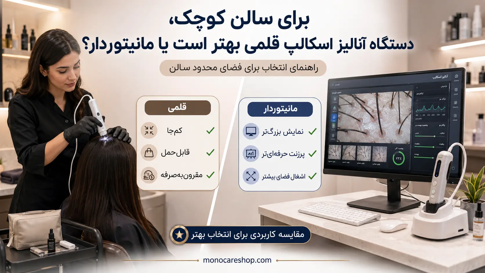 برای سالن کوچک، دستگاه آنالیز اسکالپ قلمی بهتر است یا مانیتوردار؟