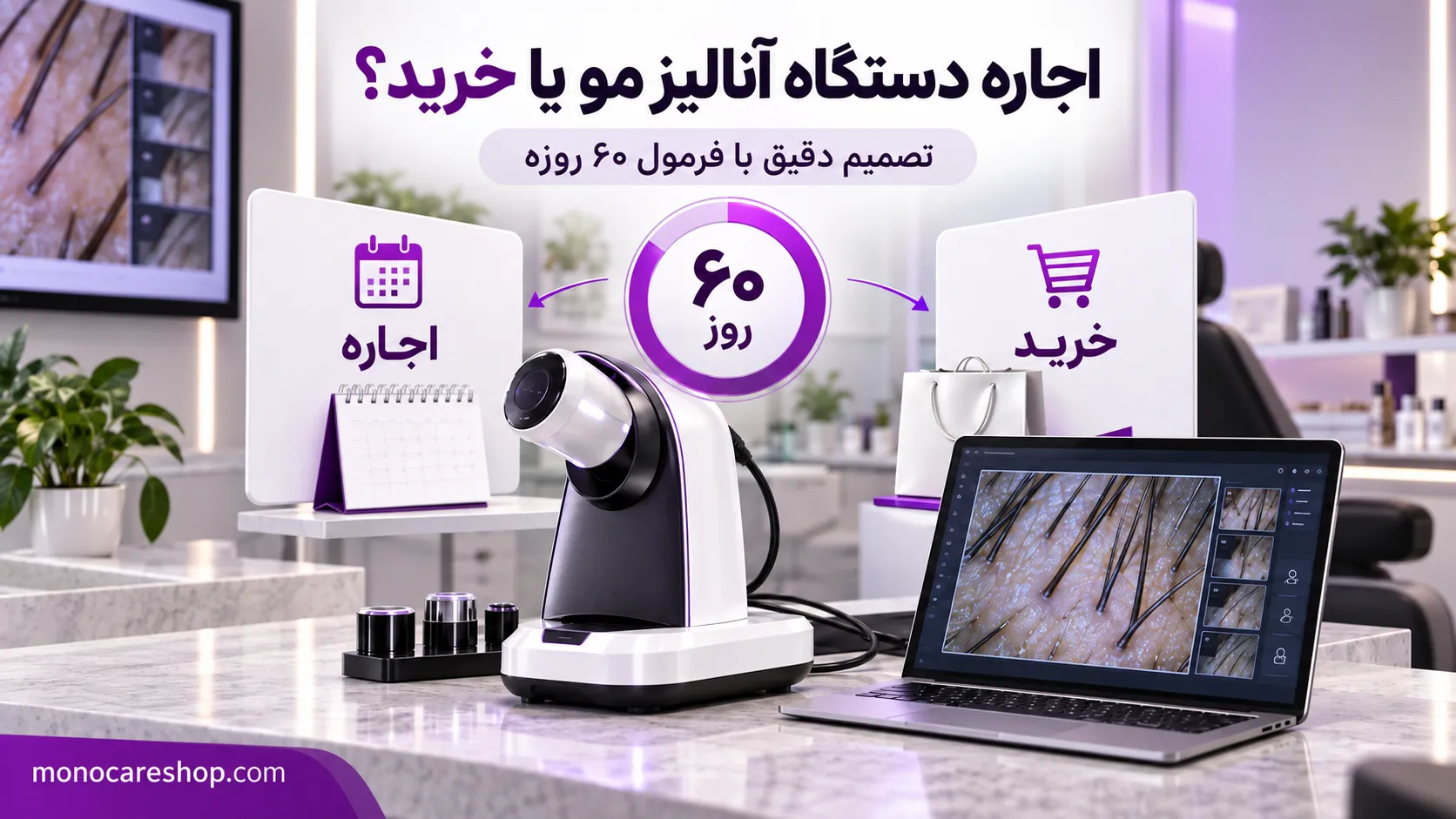 اجاره دستگاه آنالیز مو یا خرید؟ تصمیم دقیق با فرمول ۶۰ روزه