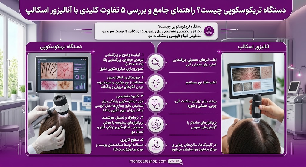 دستگاه تریکوسکوپی چیست؟ راهنمای جامع و بررسی ۵ تفاوت کلیدی با آنالیزور اسکالپ