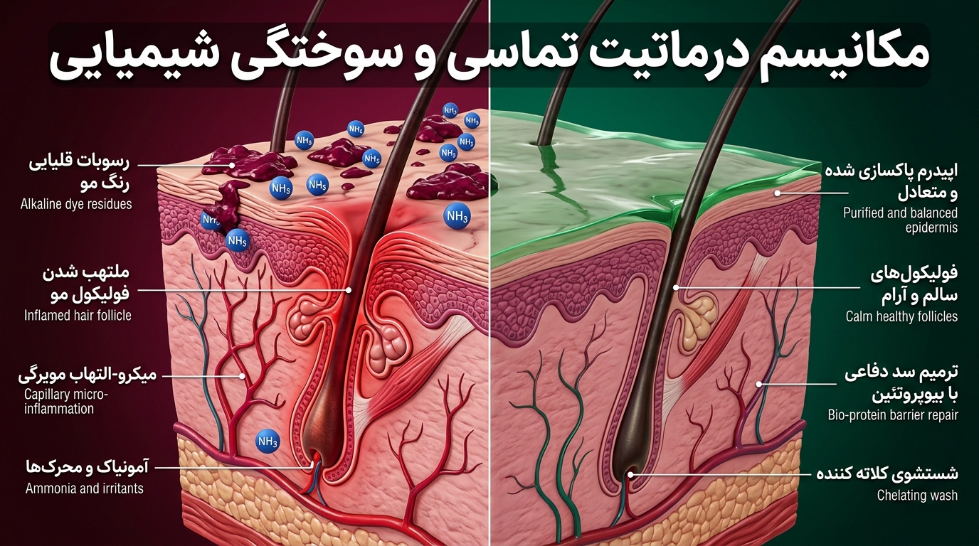 مکانیسم درماتیت تماسی و سوختگی شیمیایی کف سر بعد از رنگ و مواد کراتین