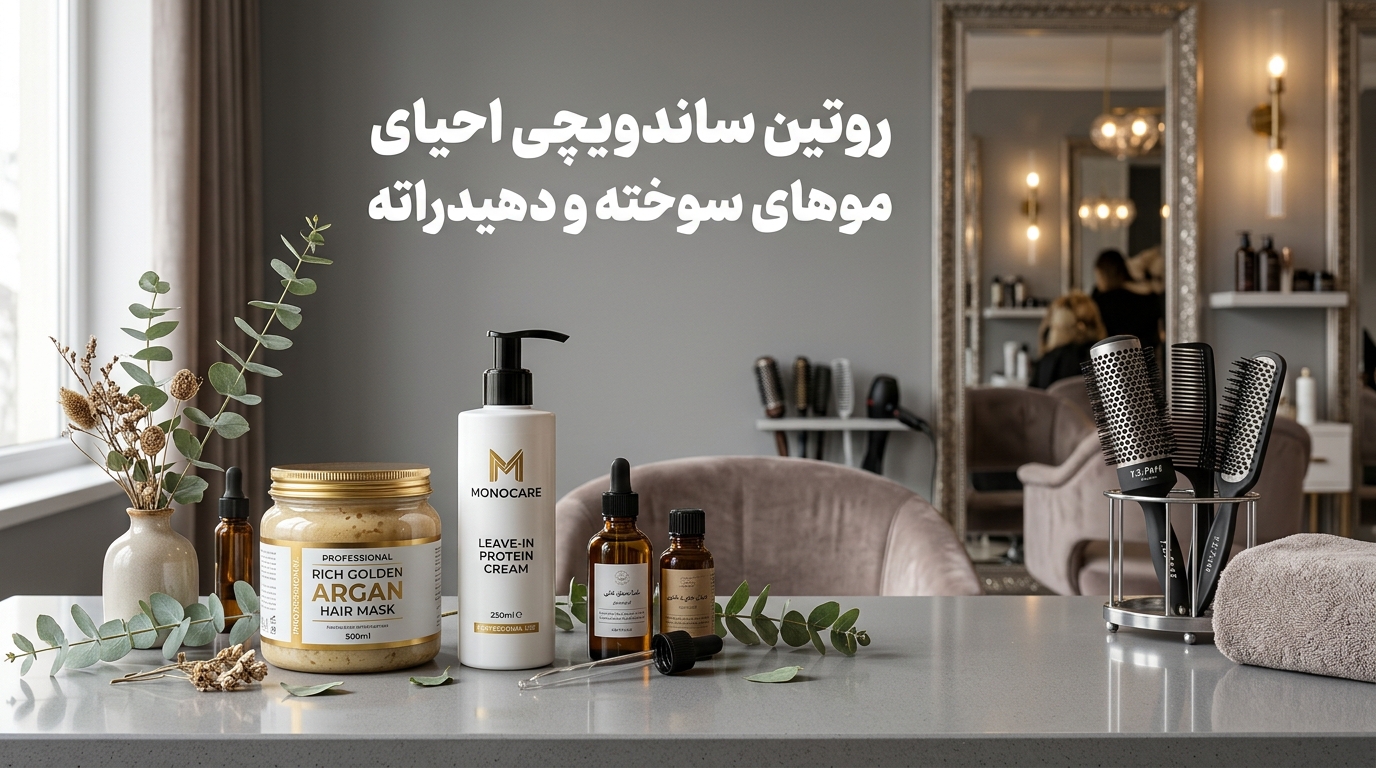 میز کار سالنی و بطری کرم پروتئین و ماسک آرگان مونوکر برای احیای موهای سوخته و کشسان