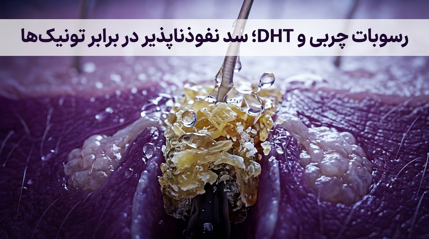 نمای میکروسکوپی رسوب سبوم اکسیدشده و دیهیدروتستوسترون به عنوان مانع نفوذ سرم رشد مو