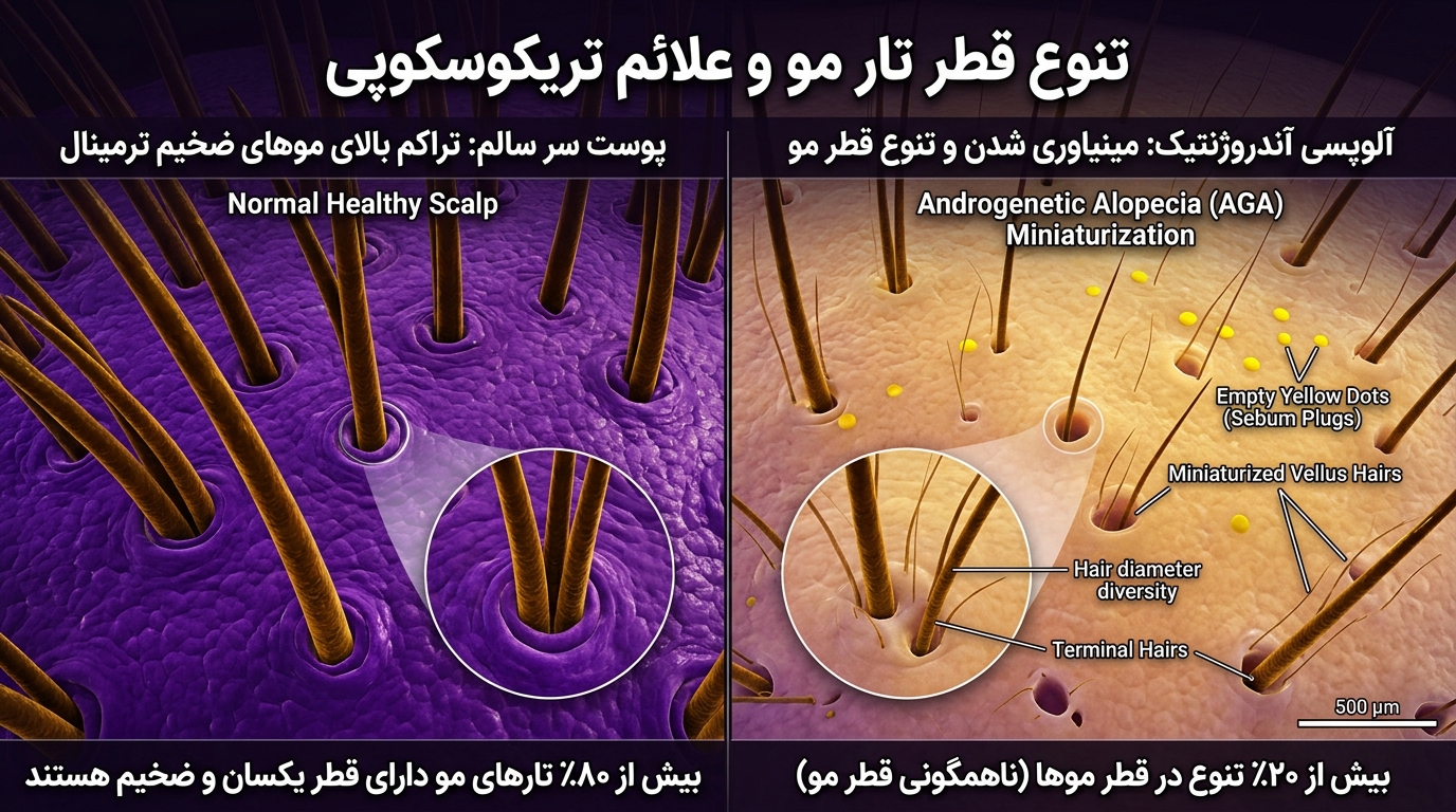 تنوع قطر تار مو و علائم تریکوسکوپی در مینیاتوری شدن فولیکول