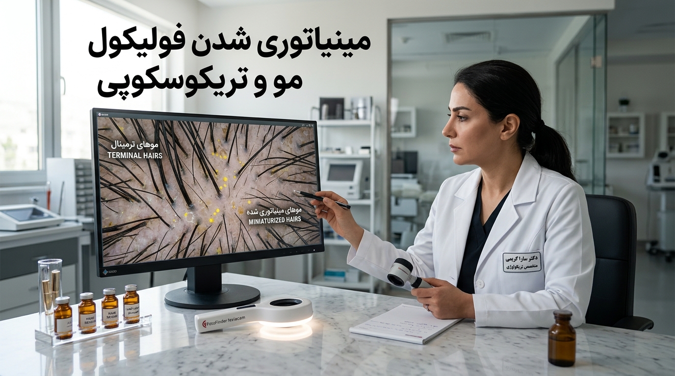 تصویر شاخص مینیاتوری شدن فولیکول مو و تشخیص با دستگاه تریکوسکوپی دیجیتال