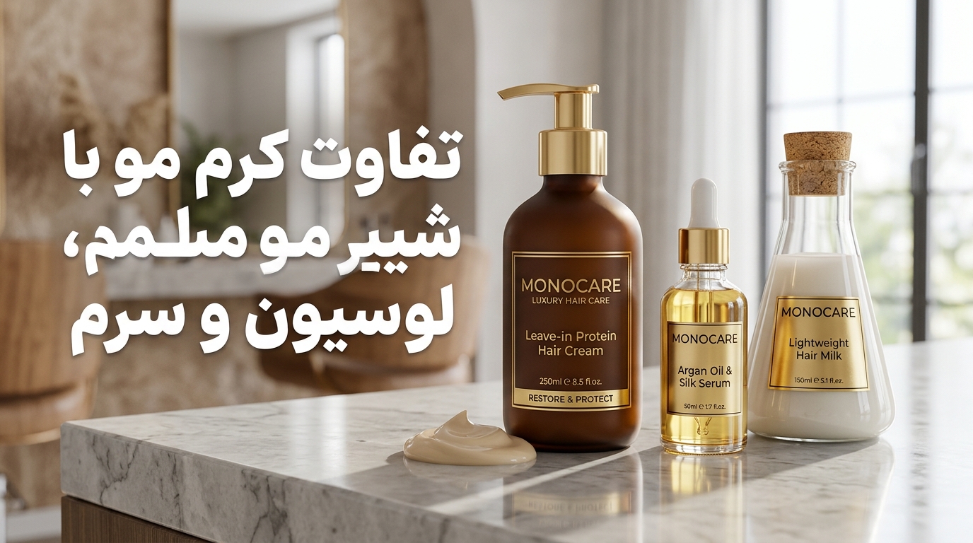 تصویر شاخص مقایسه کرم مو با شیر مو لوسیون و سرم ساقه مو روی سنگ مرمر استودیویی