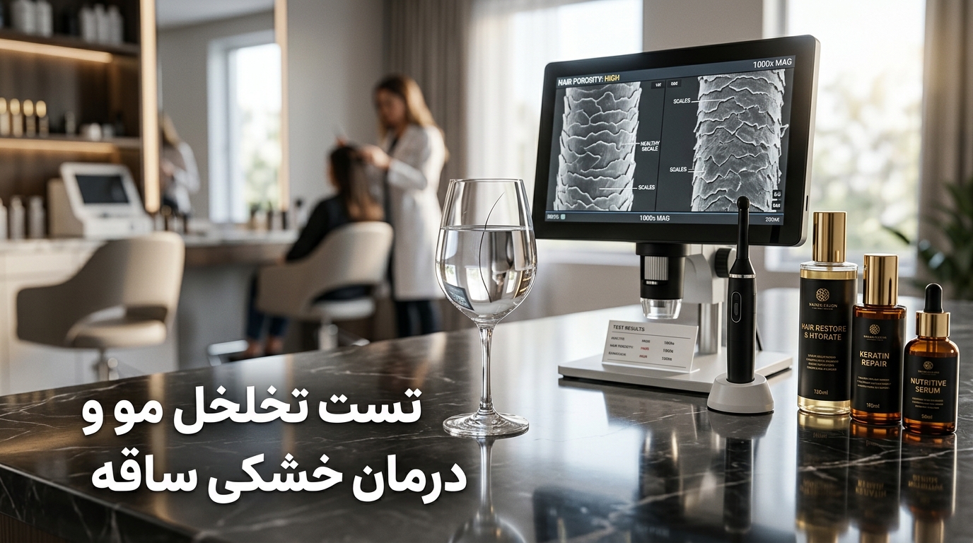 میز کلینیکال تریکولوژی با تست لیوان آب و مانیتور میکروسکوپ آنالیز تخلخل کوتیکول مو