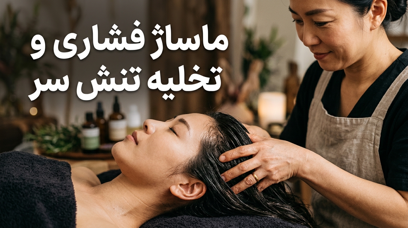 تراپیست متخصص در حال اجرای ماساژ فشاری نقاط شیاتسو پوست سر با روغنهای گیاهی