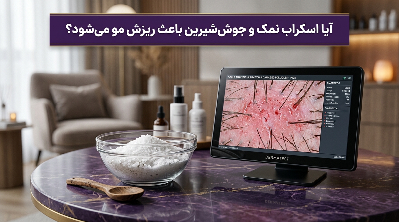 تصویر شاخص خطرات اسکراب خانگی کف سر با نمک و جوش شیرین و مقایسه تریکوسکوپی با اسکراب تخصصی