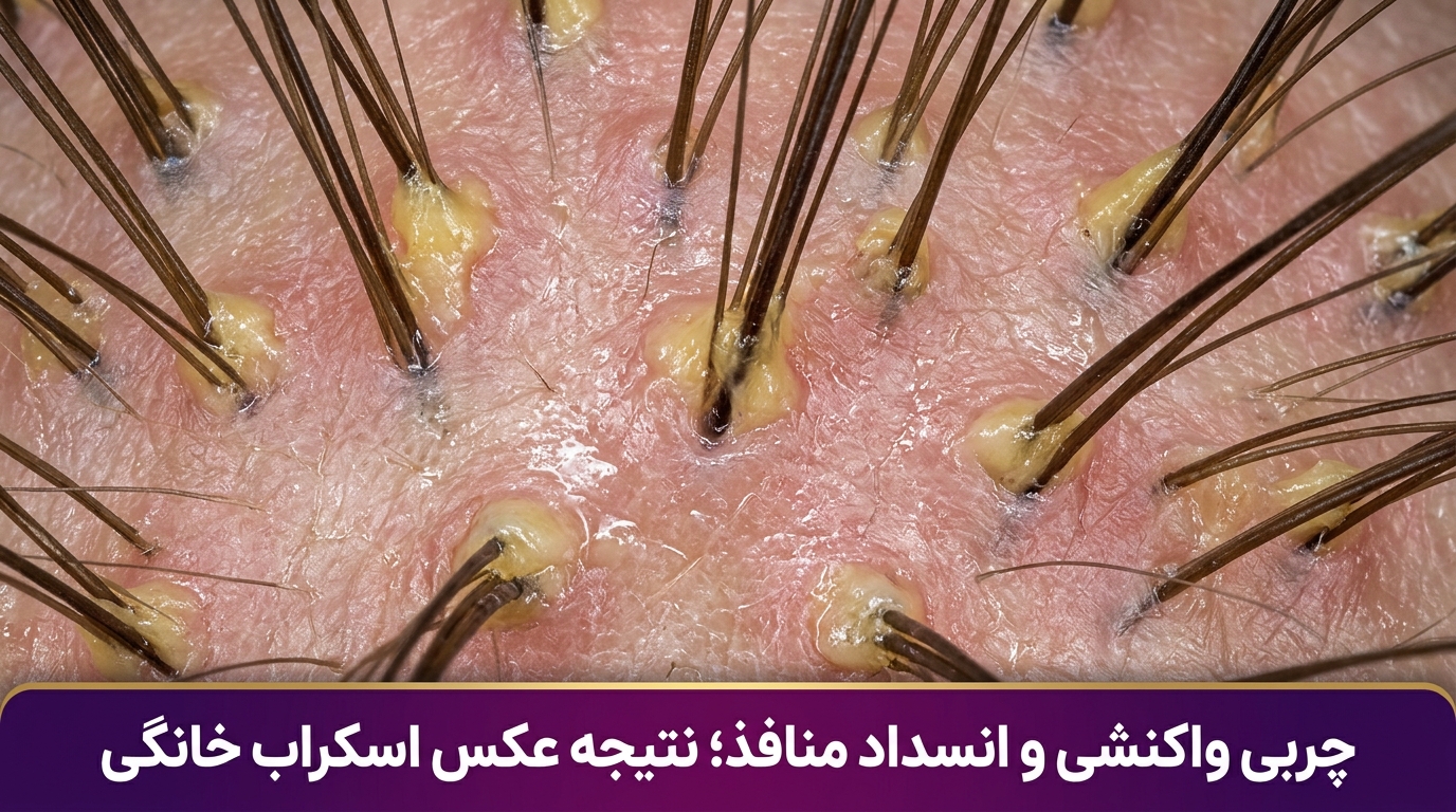 تصویر تریکوسکوپی از فعالیت بیش از حد غدد سباسه و ترشح سبوم واکنشی پس از اسکراب خانگی