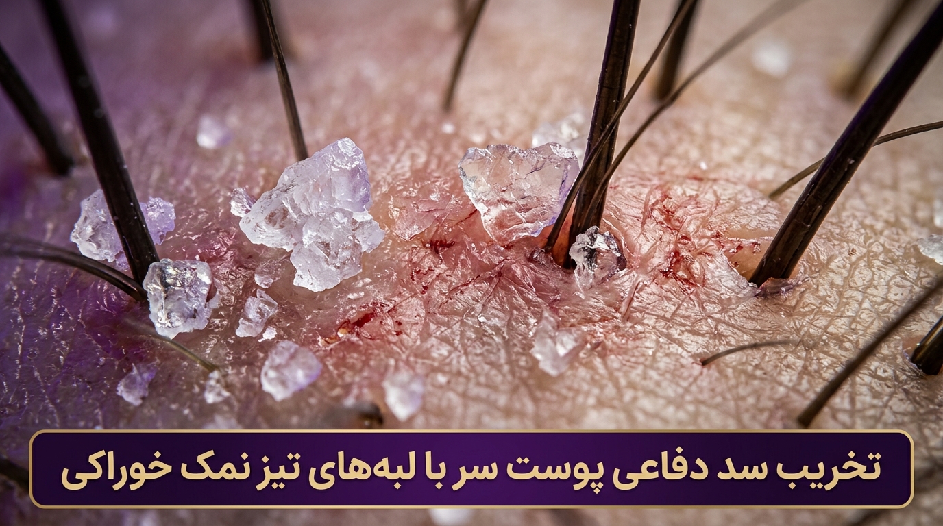 نمای ماکرو از بلورهای برنده و تیز نمک خوراکی و ایجاد خراشهای میکروسکوپی در مدخل فولیکول مو