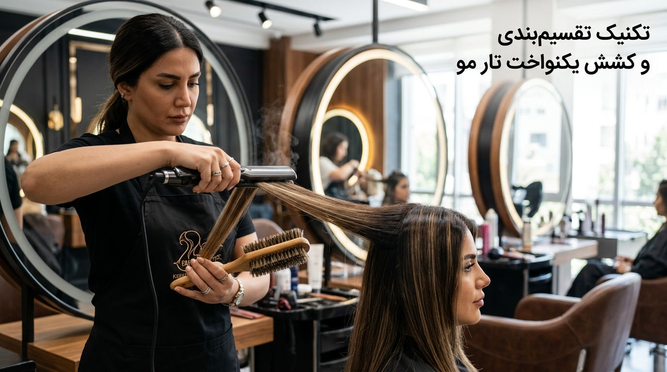 متخصص کراتین در حال اتوکشی دقیق مو با هدایت برس چوبی گیرهای و ایجاد کشش یکنواخت