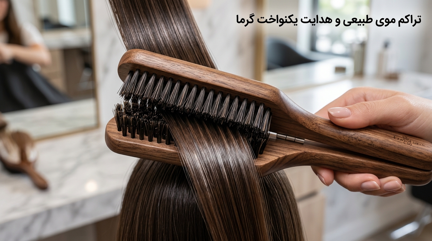 نمای نزدیک از دندانهها و موی طبیعی گراز در برس چوبی گیرهای کراتین هنگام مهار دسته مو