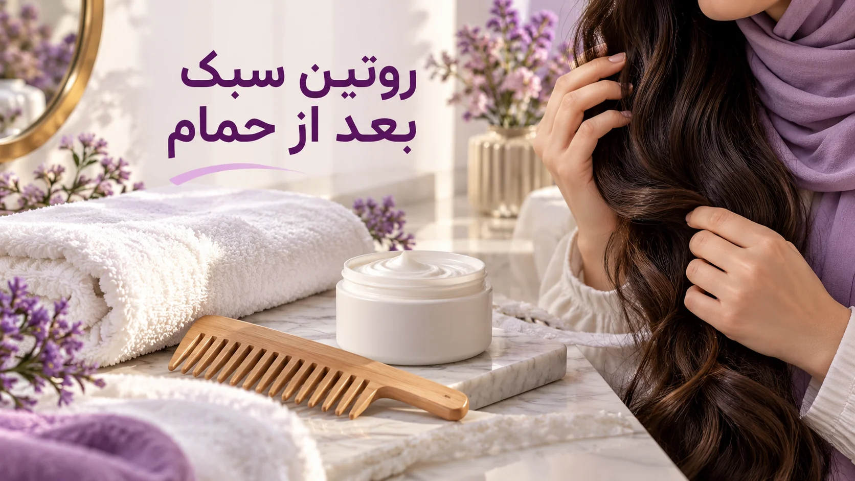 حوله و شانه دندانهدرشت برای روتین مراقبت از مو پس از حمام