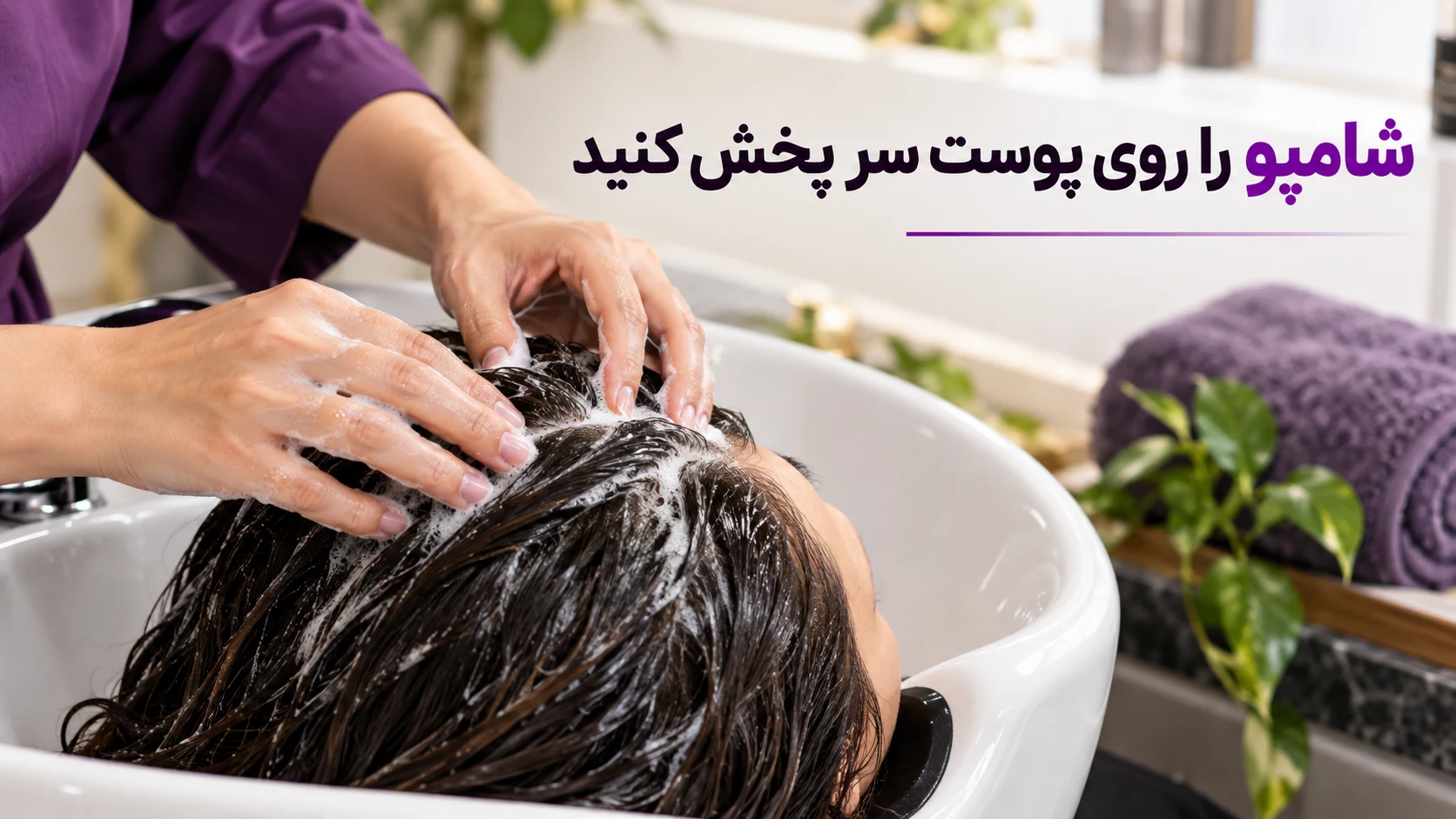 شامپو را روی پوست سر پخش کنید شامپو را روی پوست سر پخش کنید؛ تصویر آموزشی مرتبط با روش مراقبت مو