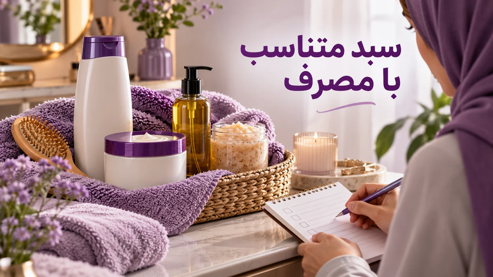 سبد شامپو، ماسک، روغن و اسکراب در کنار دفتر سفارش