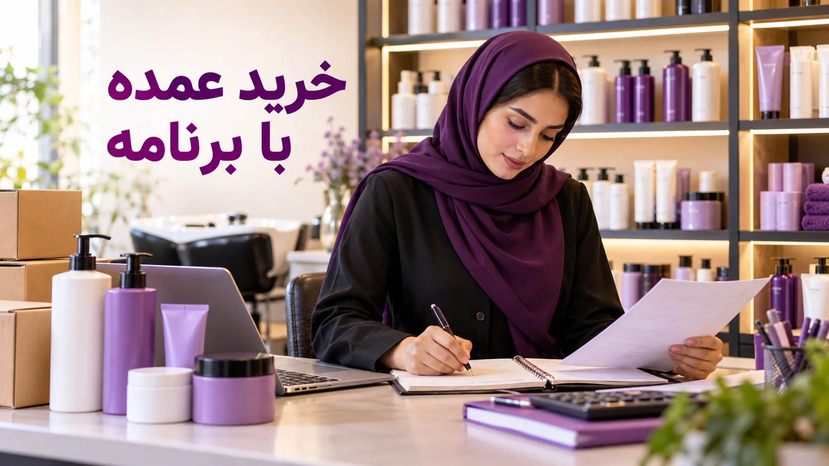 مدیر سالن در حال برنامه‌ریزی خرید عمده محصولات مو