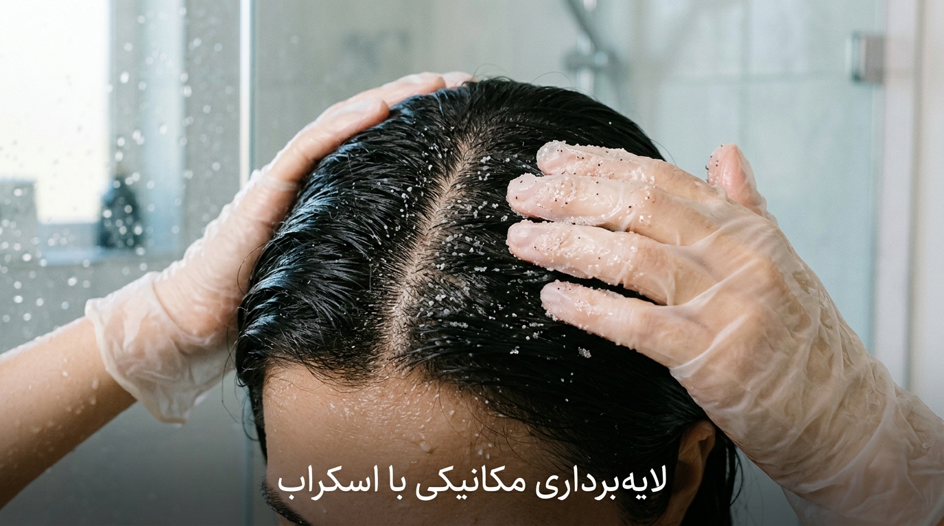 لایهبرداری مکانیکی با اسکراب نحوه ماساژ صحیح اسکراب فیزیکی روی پوست سر برای تخلیه چربی و رسوبات
