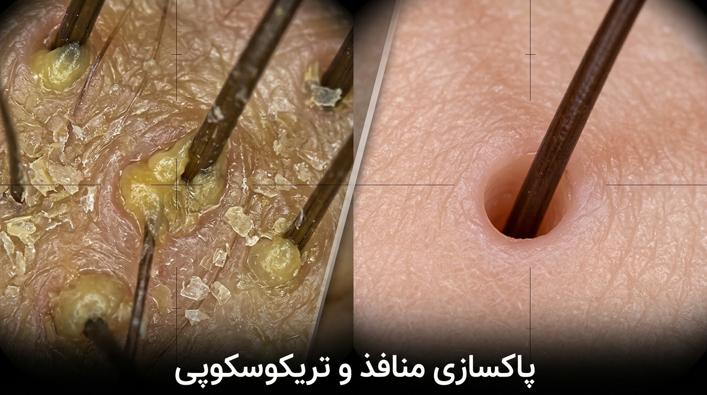 پاکسازی منافذ و تریکوسکوپی تصویر میکروسکوپی تریکوسکوپی منافذ مو قبل و بعد از لایهبرداری با ژل رمدی