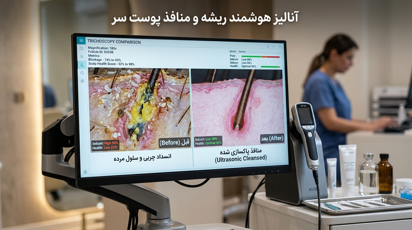 صفحه نمایش مانیتور دستگاه آنالیز اسکالپ ۲۳ اینچ مونوکر در مقایسه منافذ مسدود چربی قبل و بعد پاکسازی