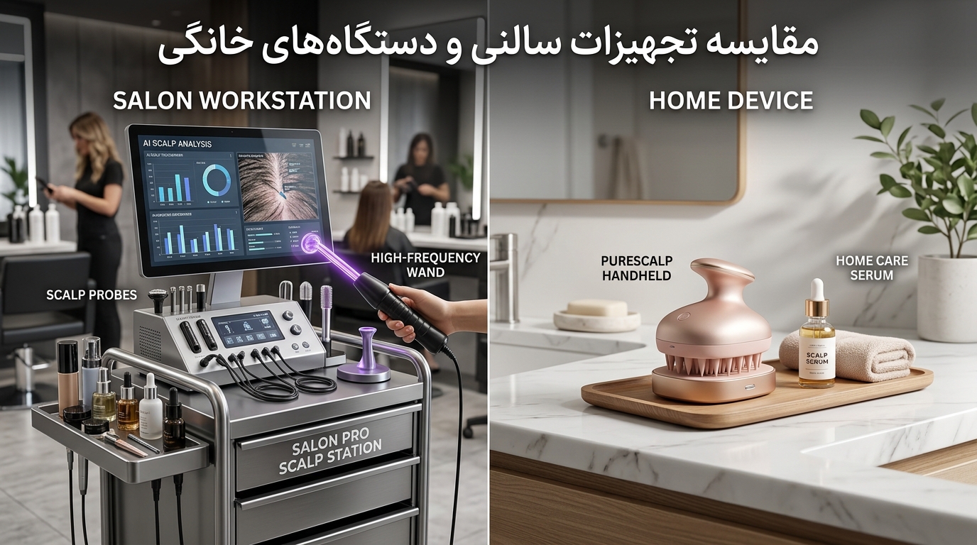مقایسه استیشن کامل دستگاههای پاکسازی سالنی پوست سر با ماساژور برقی ضدآب خانگی