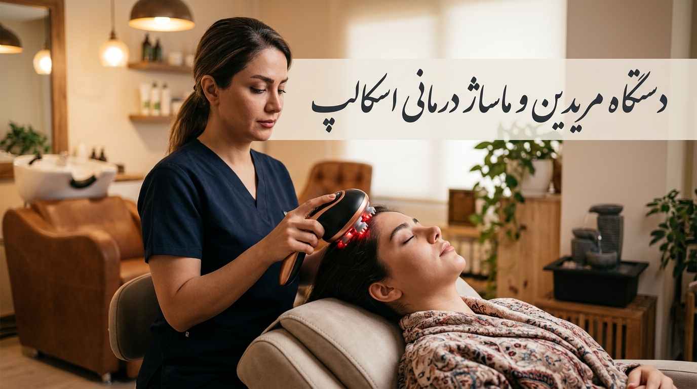 ماساژور برقی مریدین اسکالپ با نوردرمانی قرمز و تحریک نقاط لنفاوی کف سر مشتری