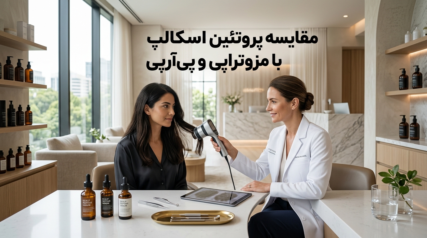 تصویر شاخص مقایسه پروتئین اسکالپ با مزوتراپی و پی‌آرپی و تریکوسکوپی پوست سر در کلینیک