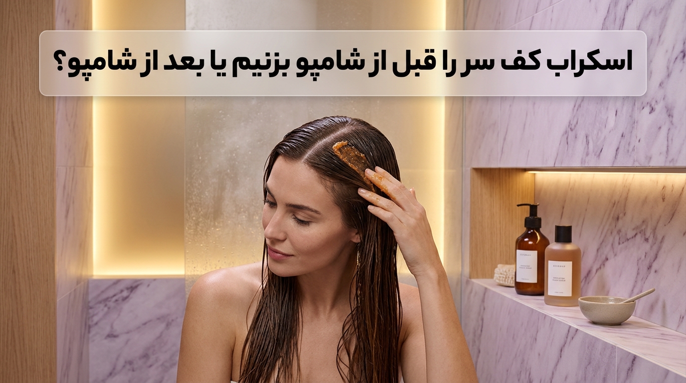 زمانبندی طلایی اسکراب کف سر قبل از شامپو یا بعد از شامپو و مراحل شستشو