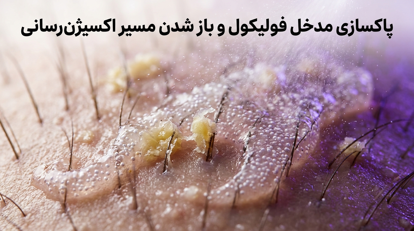 حل کردن پلاگ چربی و پاکسازی لایه شاخی دهانه فولیکول با اسکراب اسید سالیسیلیک و دانههای ملایم
