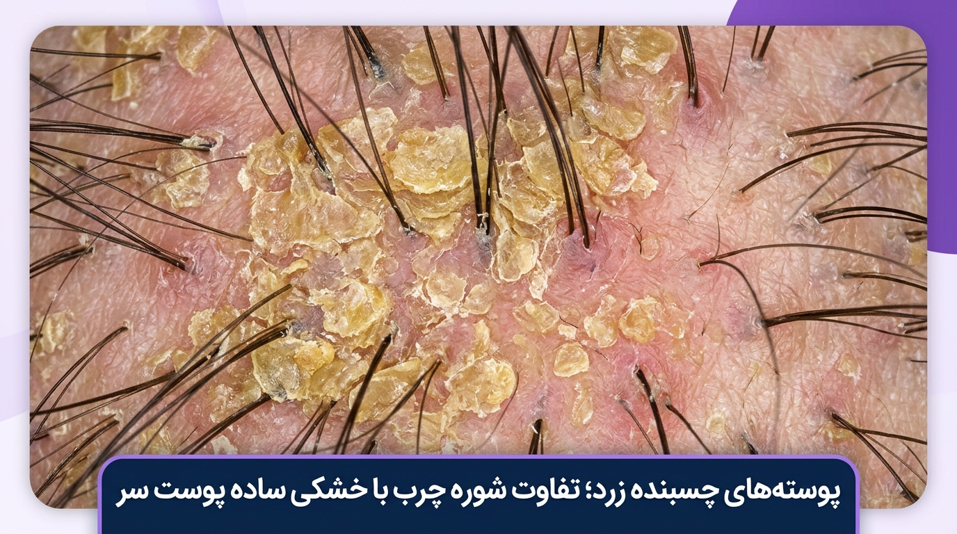 نمای تریکوسکوپیک از پوستههای چسبنده زرد رنگ و اریتم دور فولیکول در درماتیت سبورئیک