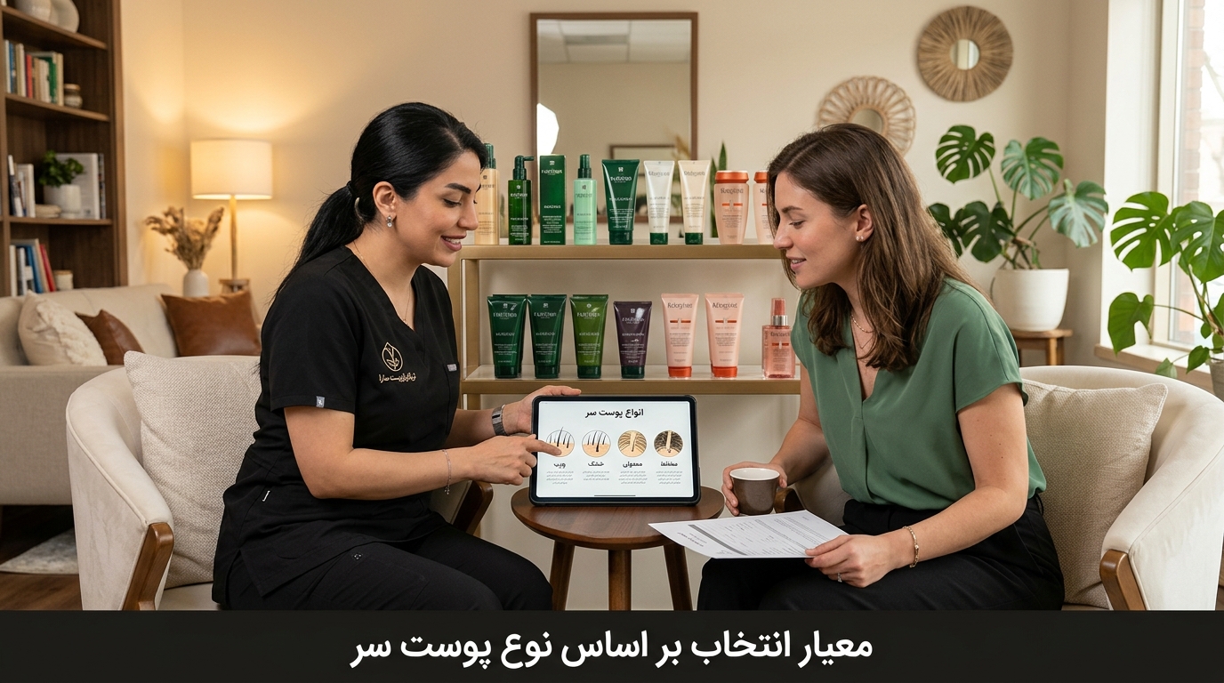معیار انتخاب بر اساس نوع پوست سر مشاوره تخصصی تریکولوژی جهت تعیین محصول مناسب برای انواع تیپ پوست سر