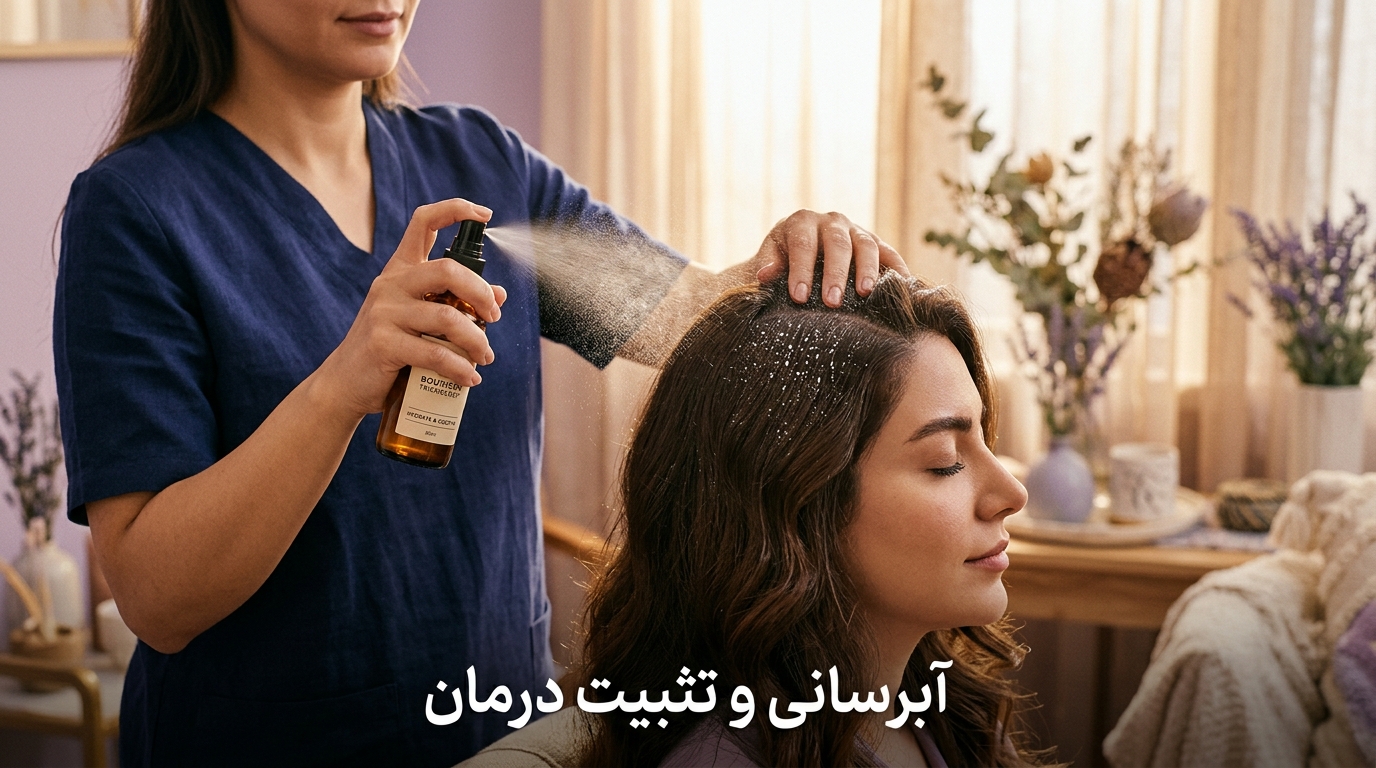 آبرسانی و تثبیت درمان اسپری آبرسان و تسکیندهنده پوست سر رمدی مونوکر در مرحله تثبیت تریتمنت
