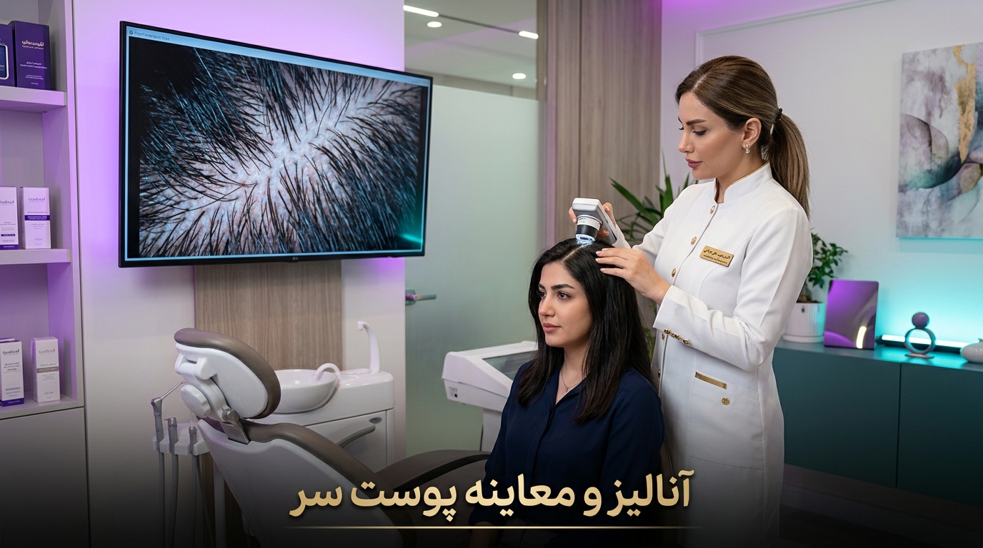 آنالیز و معاینه پوست سر آنالیز تریکوسکوپیک پوست سر و بررسی دهانه فولیکولها با اسکنر دیجیتال مونوکر