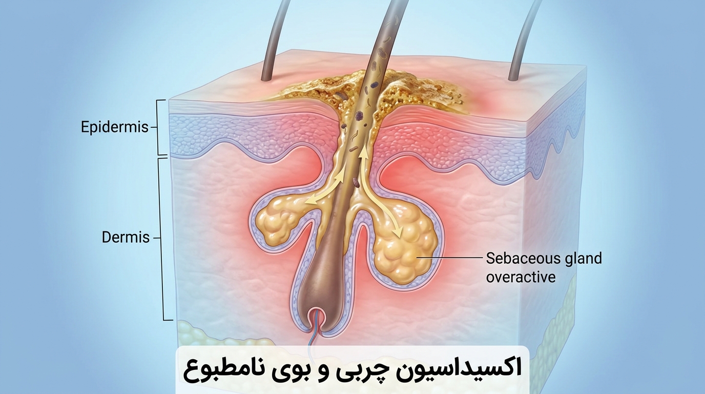 اکسیداسیون چربی و بوی نامطبوع نمودار سه بعدی پزشکی پرکاری غدد چربی سباسه و اکسیداسیون لیپیدها در دهانه فولیکول مو