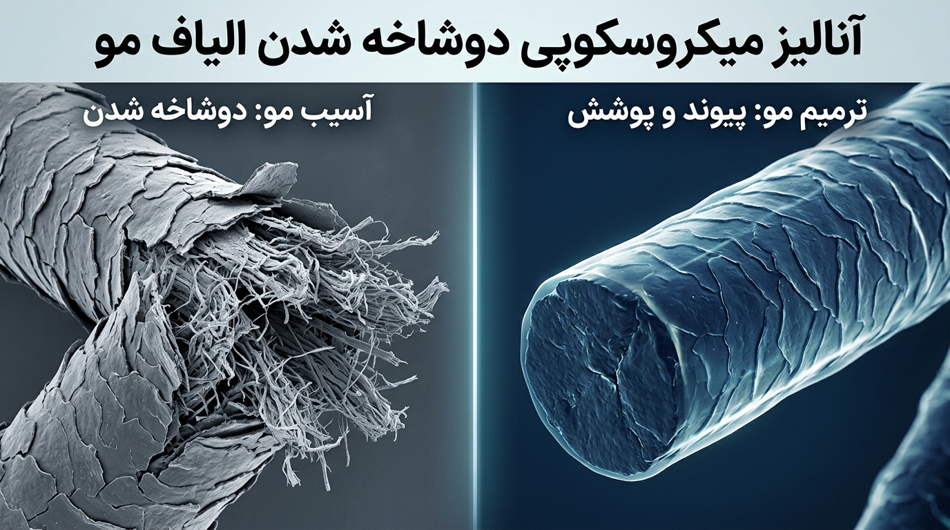 آنالیز میکروسکوپی دوشاخه شدن الیاف مو در برابر تار ترمیم شده
