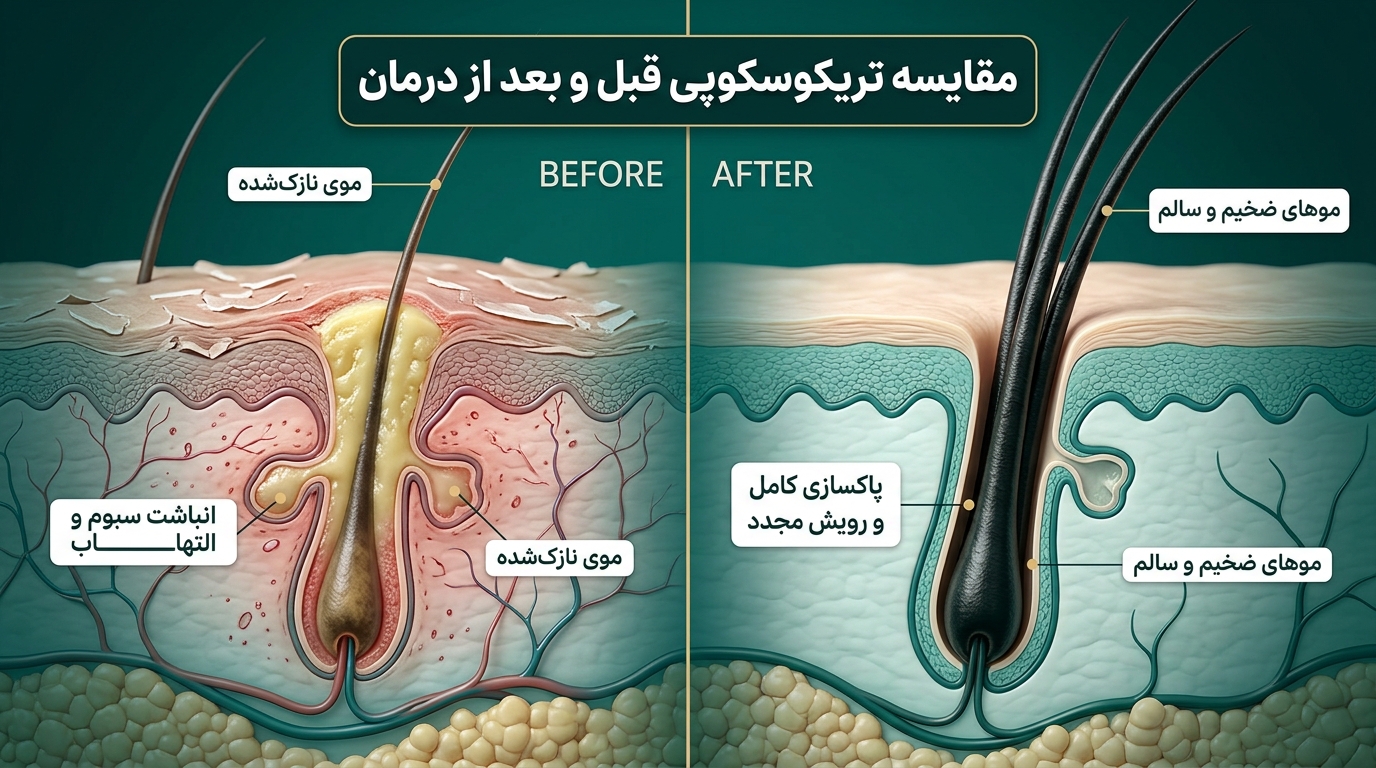 تصویر سه بعدی تریکوسکوپی از پاکسازی پلاگ چربی و رشد موهای ضخیم قبل و بعد درمان