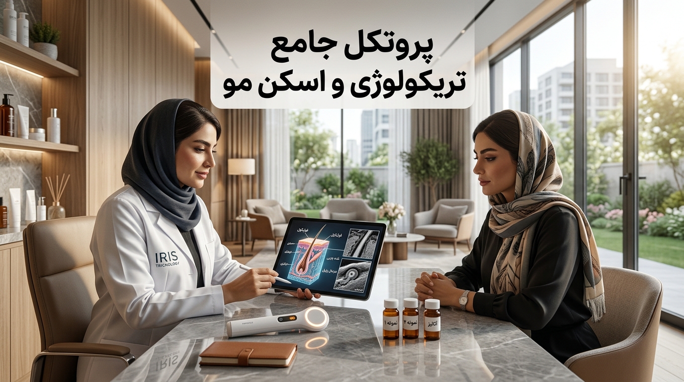 جلسه مشاوره تریکولوژی و اسکن تشخیصی مو با دستگاه آنالیزور در سالن زیبایی مونوکر