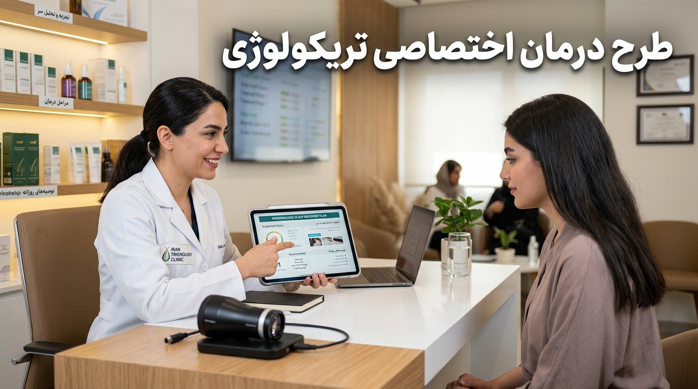 تراپیست و بیمار در حال بررسی برنامه روتین درمانی شخصیسازیشده بر اساس گزارش اسکنر پوست سر